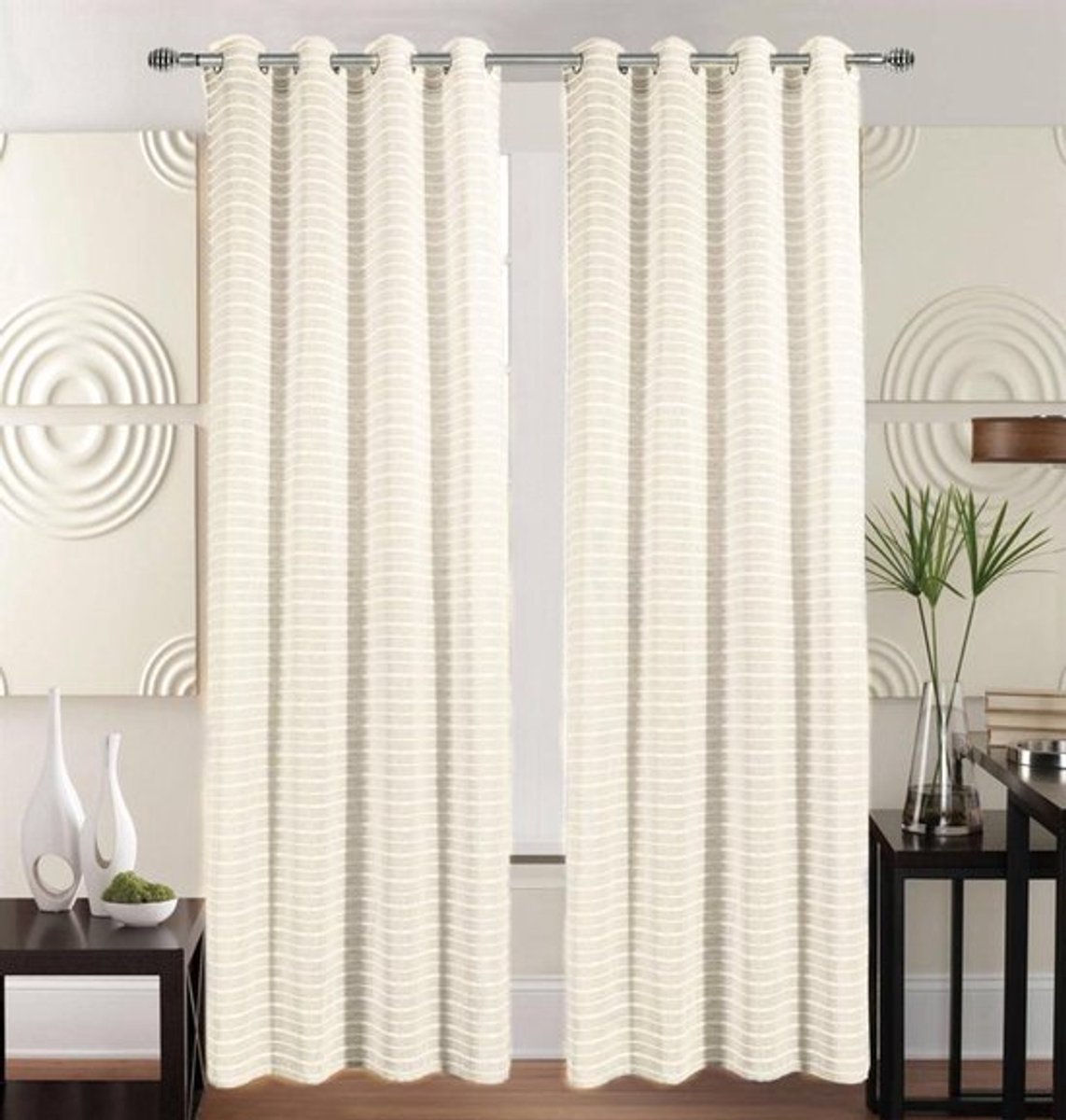 Kant en Klaar Vitrage Gordijn - Met Ringen - 140x260 cm - Taupe / Wit