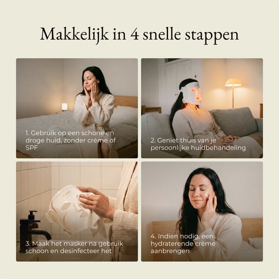 Vier stappen voor huidverbetering met het LED masker: schoonmaken, behandeling, reinigen en hydrateren.