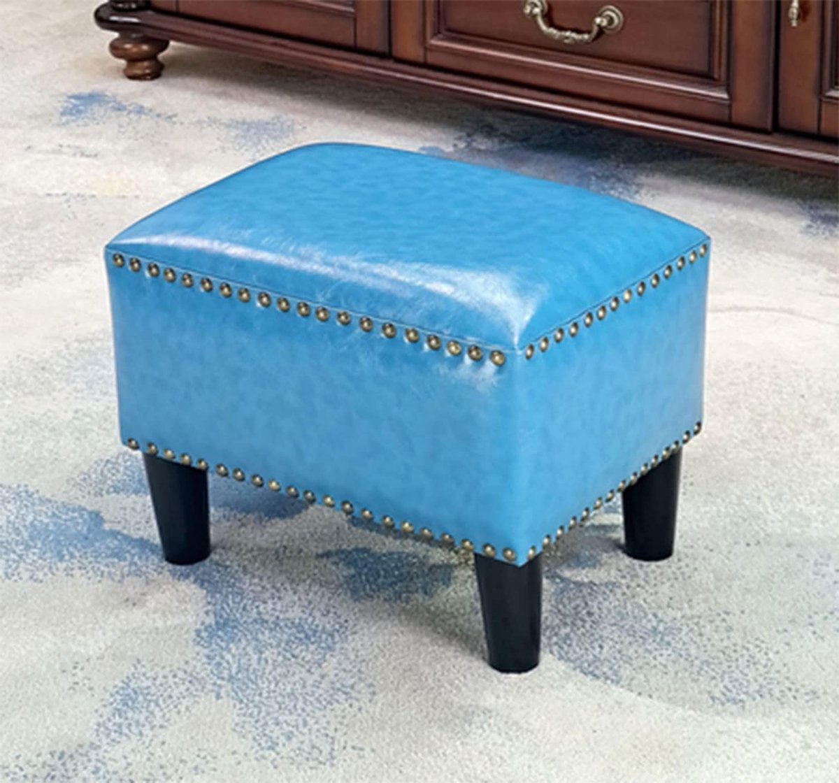 Gestoffeerde Poef - Voetenbank Hocker - Ontspannen Zitten - Massief Houten Frame - 36x26x30cm - Geel