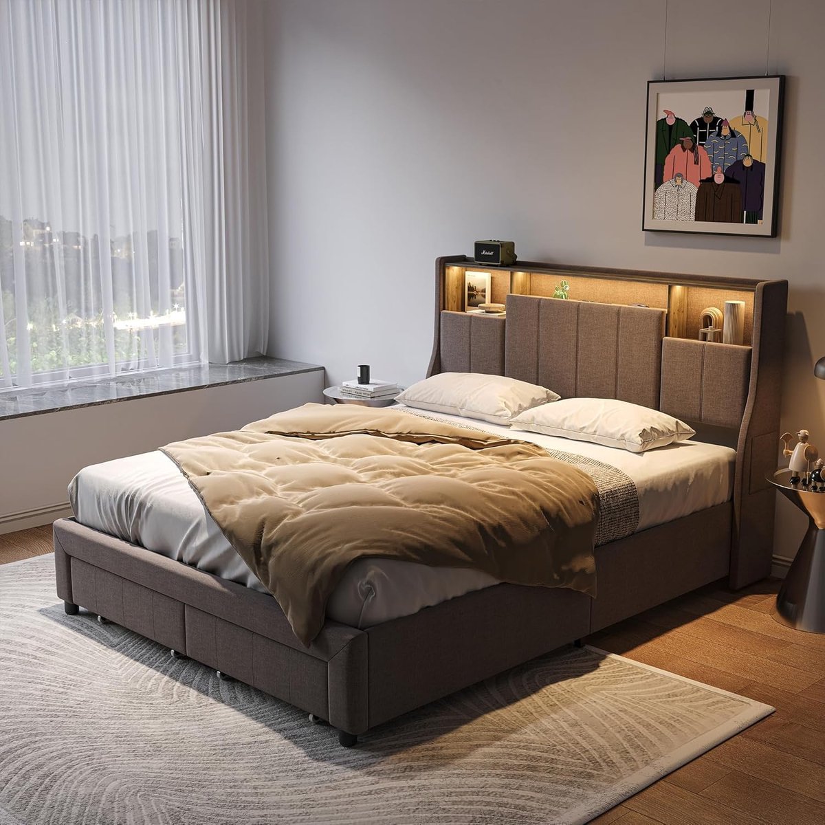 Gestoffeerd Bed - Tweepersoonsbed Opbergruimte - Slaapkamer Organisatie - Geïntegreerde LED en USB - 160x200 cm - Grijs