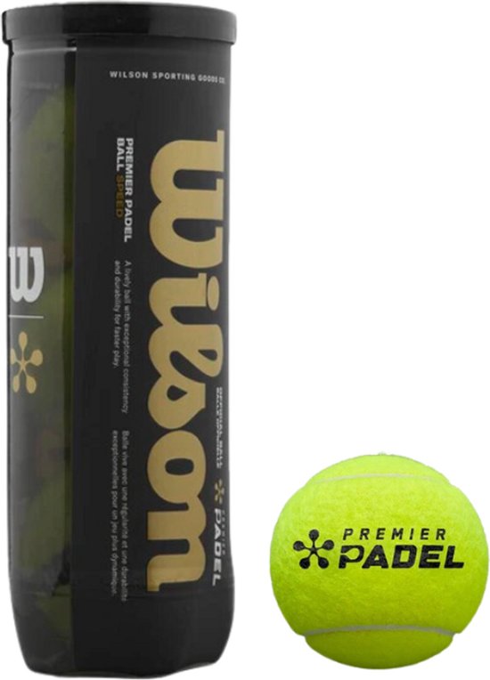 Zwarte koker met 3 gele padelballen van Wilson Premier Padel. Een losse padelbal ligt ernaast.
