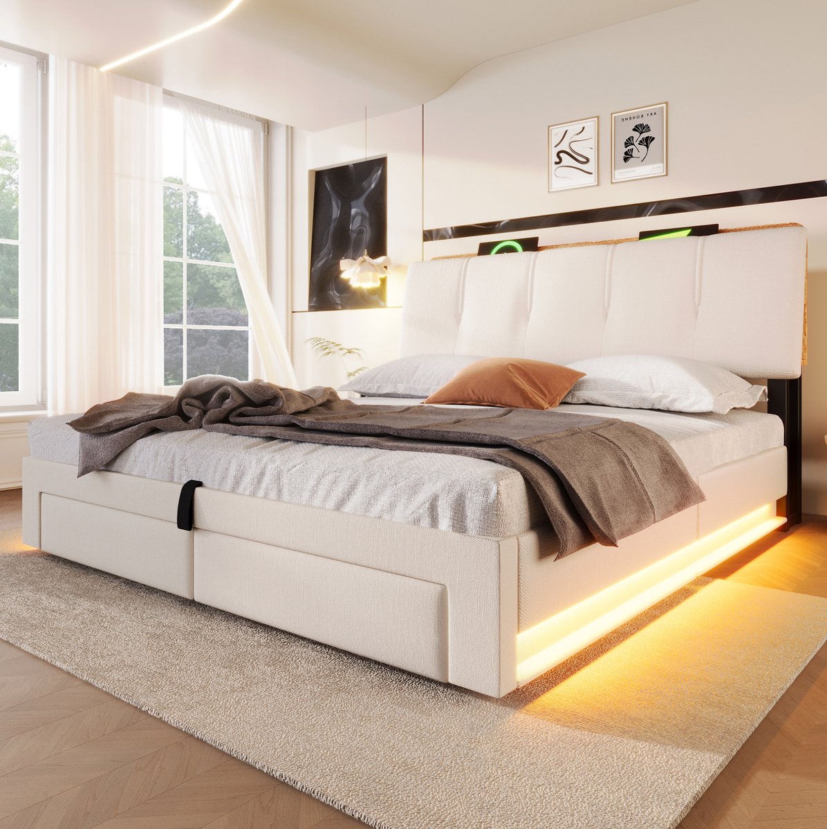 MEUNIQ gestoffeerd opbergbed 140x200 cm met hydraulische bergruimte, lades, hoofdbord met opbergvakken, LED-verlichting, USB en USB-C, bedframe beige