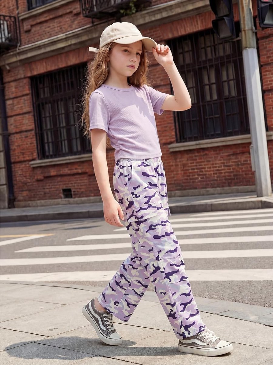 Meisjeskleding Set met Korte Mouwen en Cargo Broek met Zakjes voor Leeftijd 7-14 Jaar