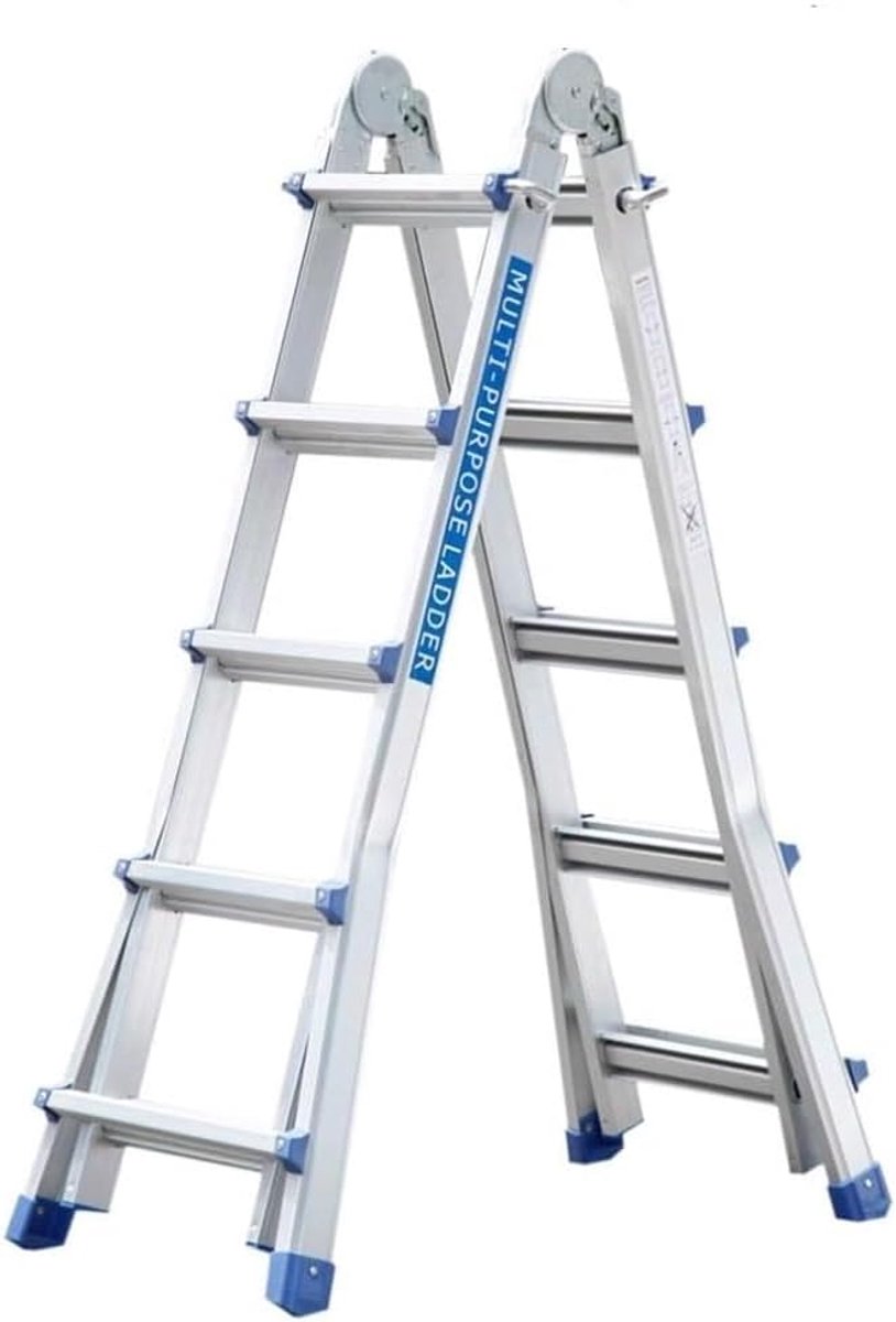 Hingeladder Aluminium - Vouwladder Telescoopladder - Klus Klussen Thuis - Multifunctioneel Lichtgewicht - 5.1 Meter - Aluminiumkleurig
