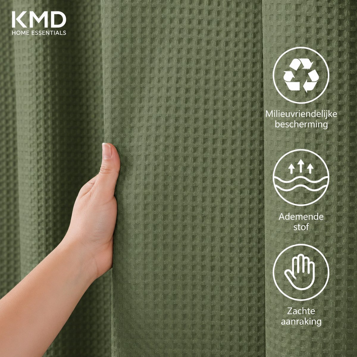 KMD Douchegordijn Wafelstof Waterdicht 182 x 198 cm - Groen - Met Metalen Ringen - Anti-schimmel Badgordijn