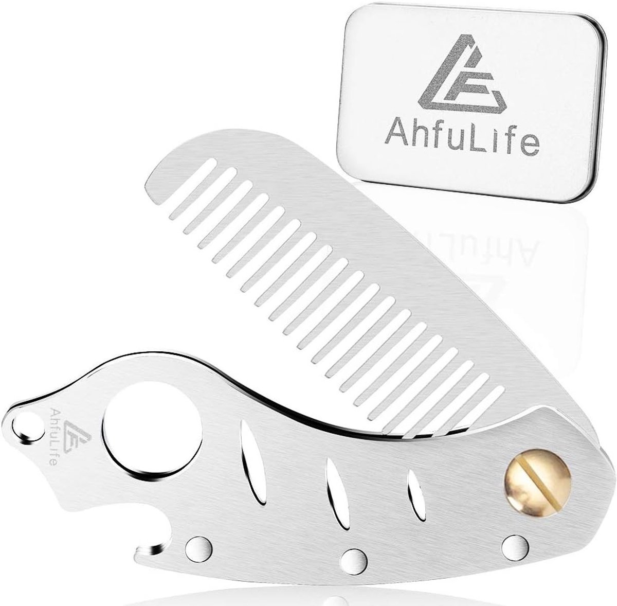 Vouwbare metalen kam en baardkam, multifunctionele pocketkam met flesopener, anti-statische verzorgingskam van roestvrij staal in geschenkdoos, ideaal voor reizen en dagelijks gebruik.