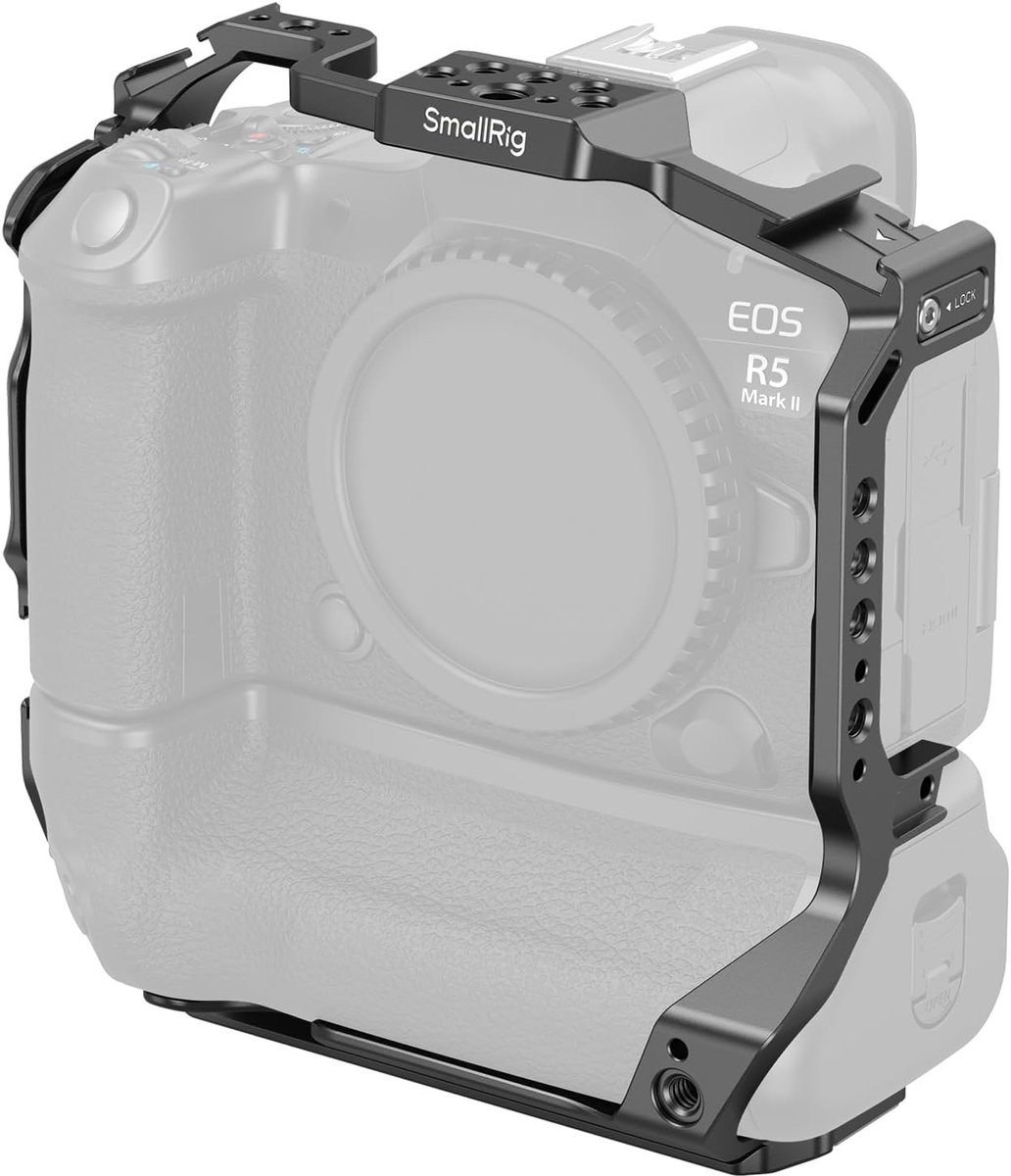 Camera Cage voor Canon R5 Mark II met Battery Grip en Drie-Punts Bevestiging, Koud Schoen Bevestiging, Snelle Ontgrendeling voor Arca en Stabilizer, Ideaal voor Tripod Fotografie