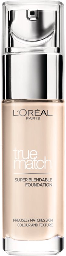 L'Oréal Paris True Match Foundation in lichte, koele tint 1C. Transparante fles met zilveren pompje.