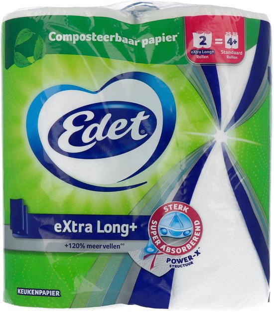 Edet Extra Long keukenpapier in folie, groen met blauwe lijnen, "Composteerbaar papier".