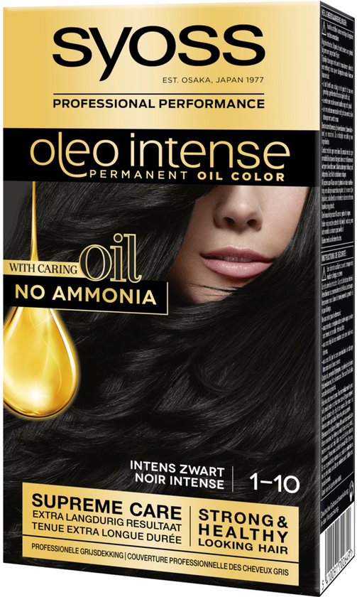 Syoss Oleo Intense permanente haarkleuring in intens zwart 1-10, met verzorgende olie, zonder ammoniak.