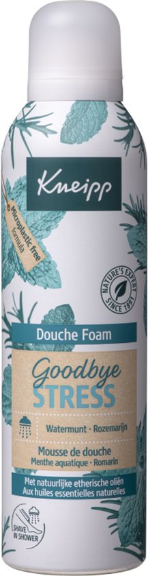Kneipp Douche Foam "Goodbye Stress" spuitbus met mint en rozemarijn. Groen en bruin etiket met tekst en logo's.