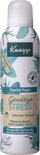 Kneipp Douche Foam "Goodbye Stress" spuitbus met mint en rozemarijn. Groen en bruin etiket met tekst en logo's.