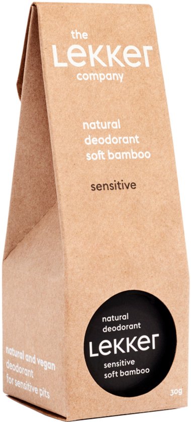 Bruine kartonnen verpakking voor "the Lekker company" natuurlijke deodorant, zacht bamboe, sensitief.