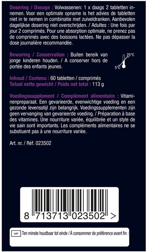 Gebruiksinstructies en bewaringsinformatie voor Lucovitaal Super Collageen 60 tabletten.