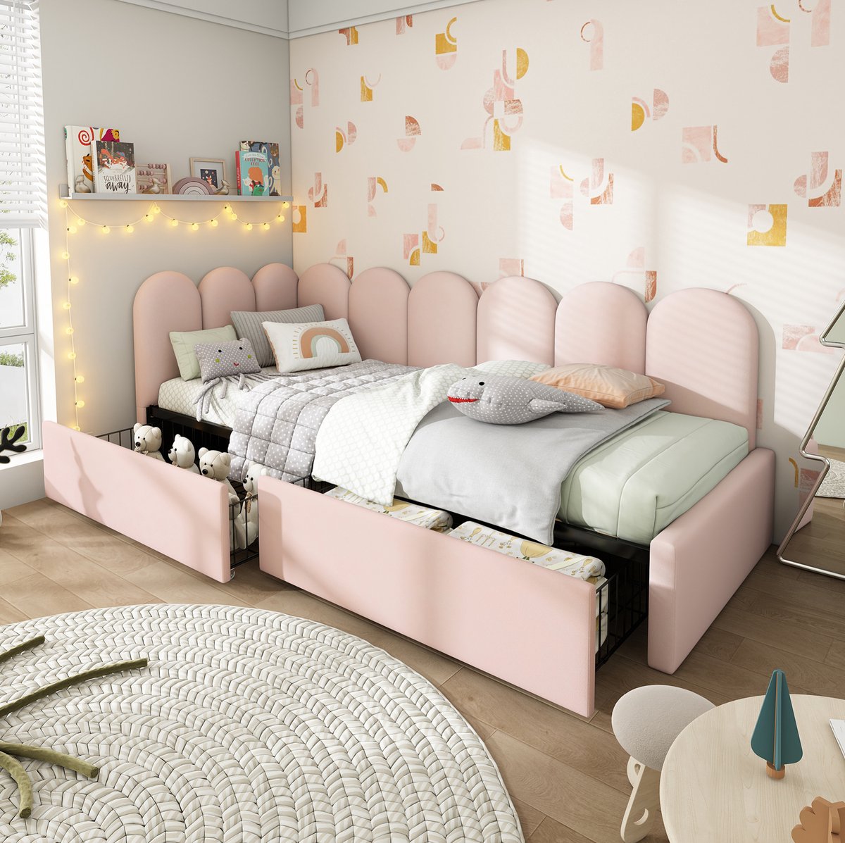 MEUNIQ bedbank 90x200 cm met 2 opberglades, lattenbodem en fluwelen bekleding, daybed voor slaapkamer of logeerkamer, roze
