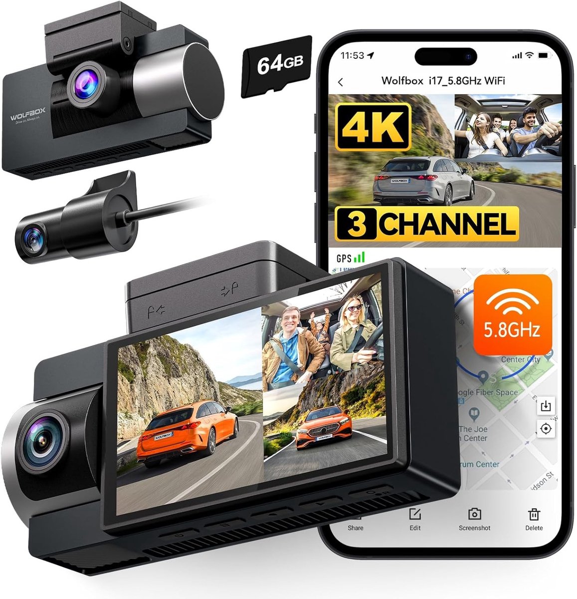3-kanaals Dashcam - 4K - WiFi en GPS - Nachtzicht - Voor Auto's