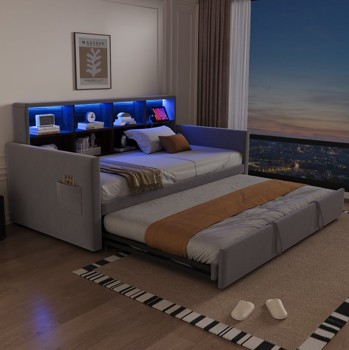 MEUNIQ slaapbank 90x190 cm met uitschuifbaar onderbed, hoofdbord met opbergvakken, LED-verlichting, stopcontacten en USB/Type-C, lichtgrijs