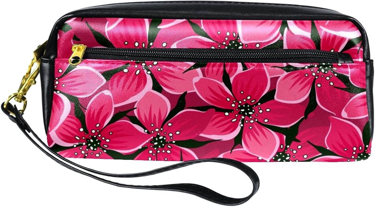 Potlood Hoes - Pennenzakje Etui - Briefpapier Organiseren - Dubbellaags Ritsvak - 20.5 x 8.4 cm - Roze Bloemen