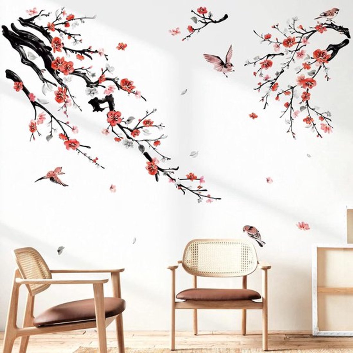 Muurstickers - Bloemen - Peel and Stick - Rood - Vogels - Aquarel Bloem Boom Tak Muurstickers Bloesem Rode Bloemen Vogels Peel en Stick Wall Art Decals voor Woonkamer Slaapkamer