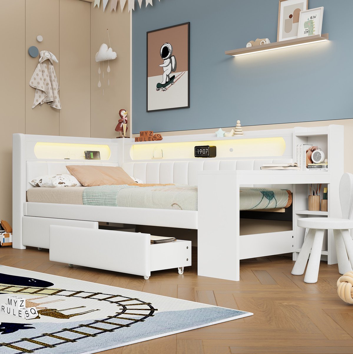 MEUNIQ bedbank 90x200 met bureau, 2 lades, LED-verlichting en USB, gestoffeerd eenpersoons bedframe met lattenbodem voor slaapkamer, wit
