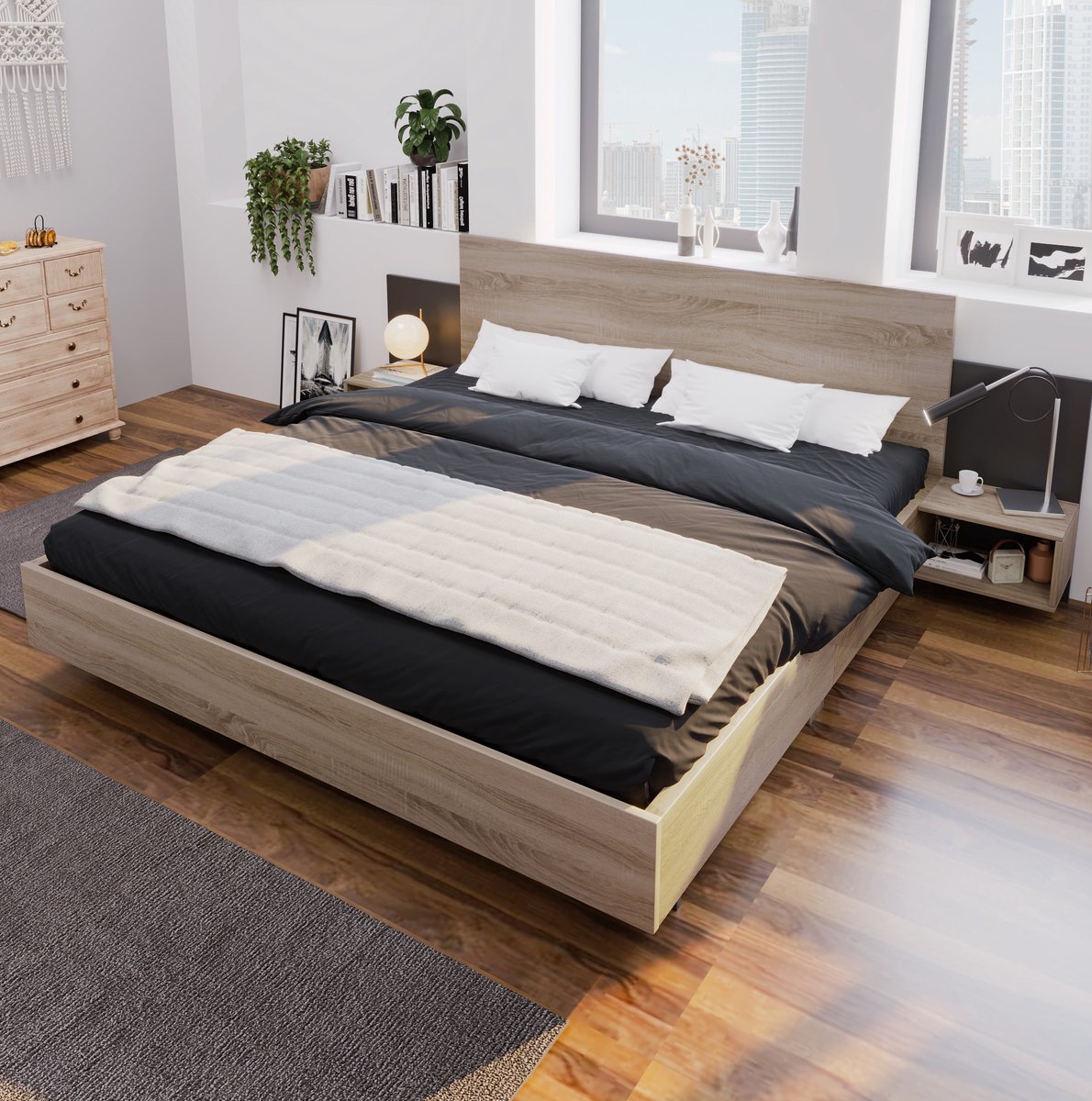MEUNIQ Tweepersoonsbed 160 x 200 cm met 2 geïntegreerde nachtkastjes, modern slaapkamerbed in eiken sonoma en donkergrijs Sonoma eiken