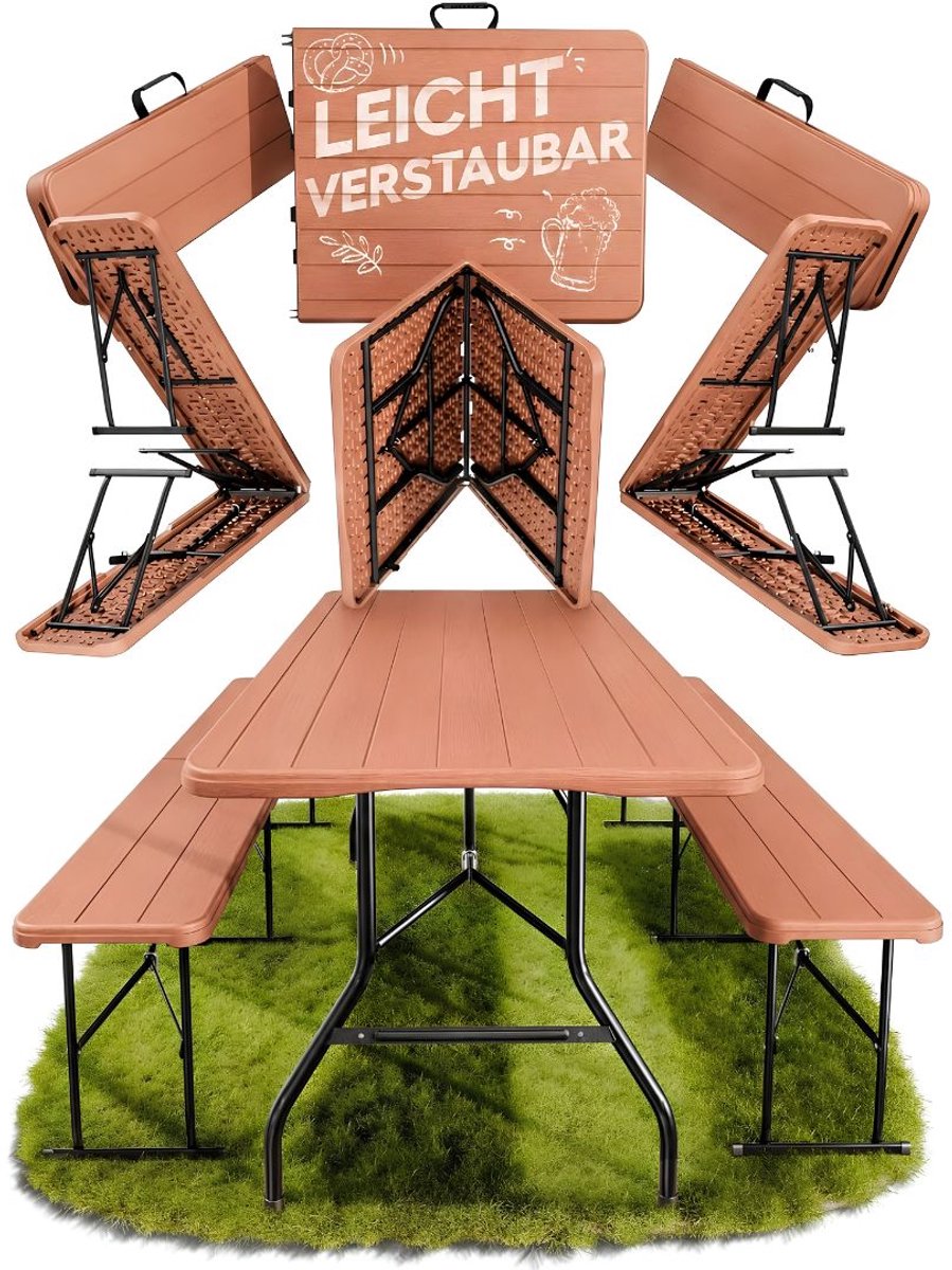JCP® Tafel - 2 Bierbanken en 1 Biertafel - Biertafel - Biertafel met Banken - Bruin - 180cm x 75cm x 73cm