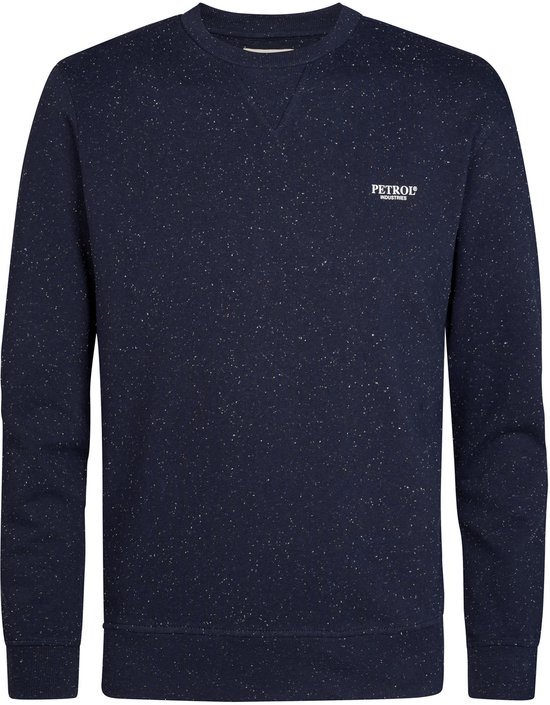 Donkerblauwe gespikkelde sweater met ronde hals en opdruk.