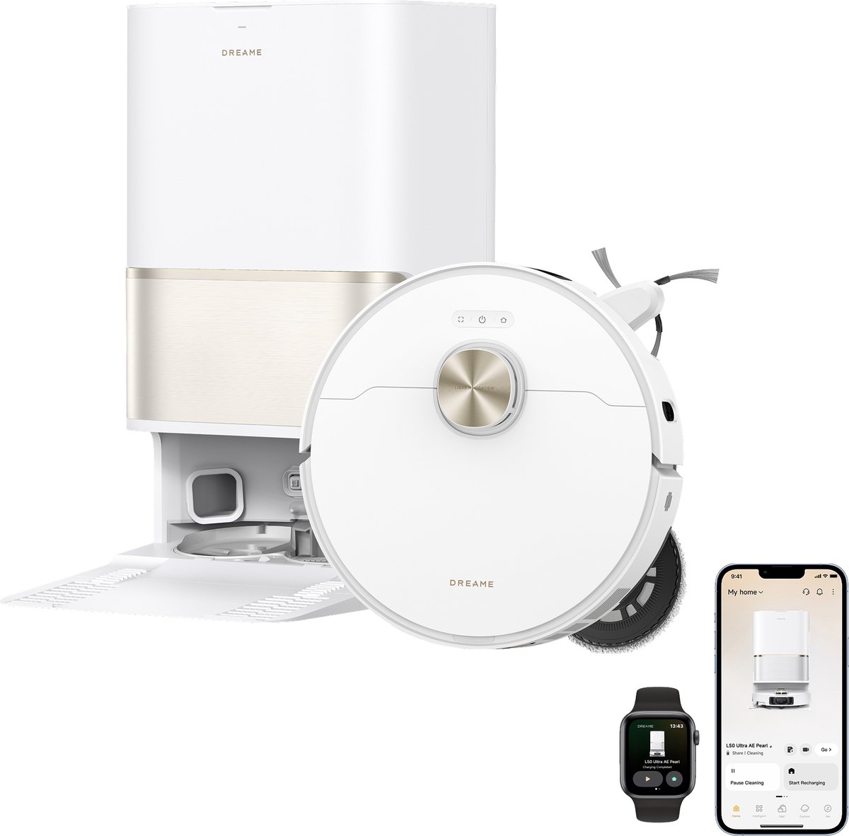 Dreame L50 Ultra AE Robotstofzuiger Parelwit - Dweilfunctie - Automatisch legen en bijvullen - Zelfreiniging op 100 °C - Huisdierenhaar - Matter Protocol - Spraak- en appbesturing - 28.000 Pa zuigkracht - Randen, hoeken, lage ruimtes, plinten thumbnail 4