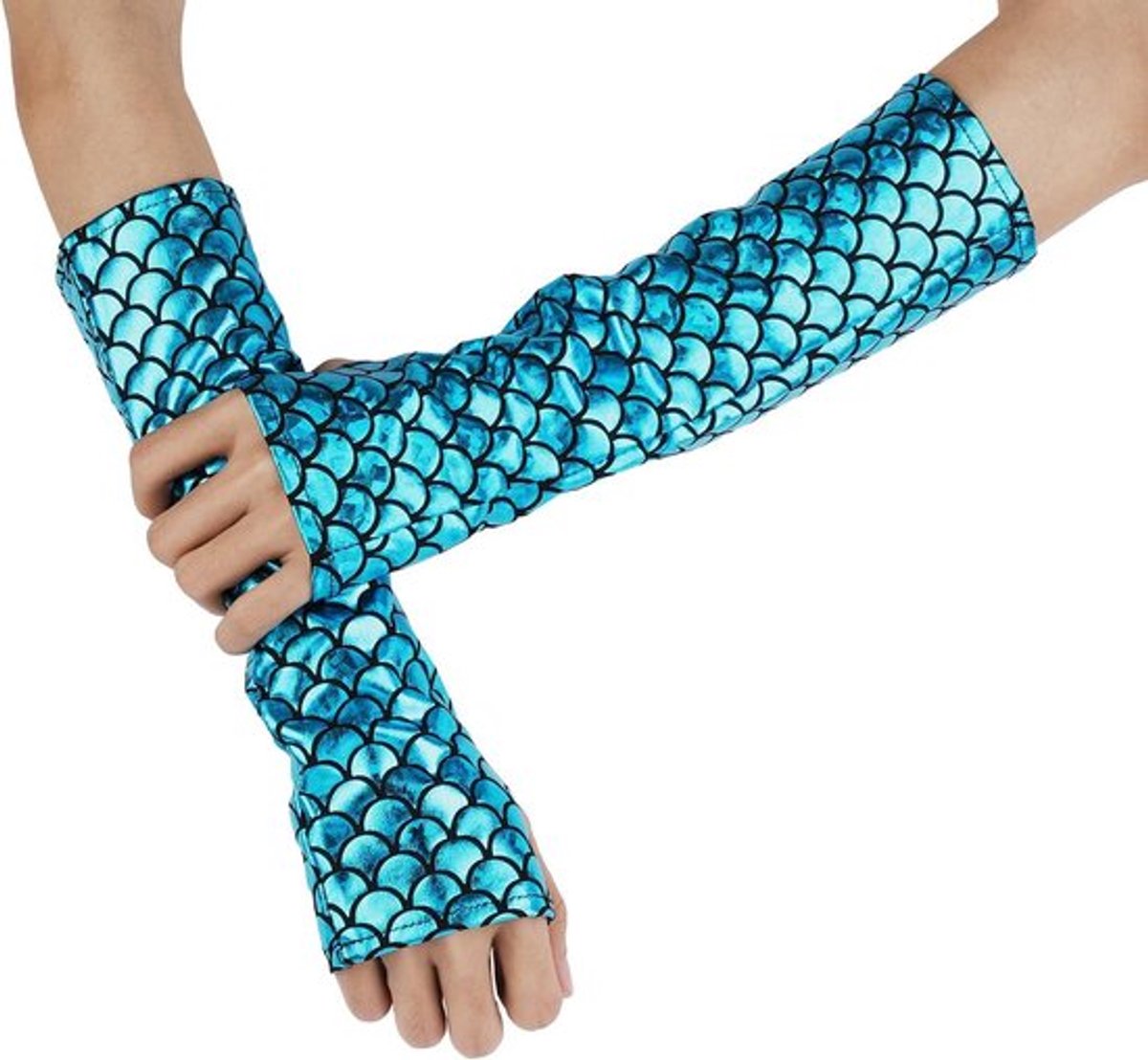 Blauwe glitter zeemeermin arm sleeve, 29.5cm lang, Allecto Plus