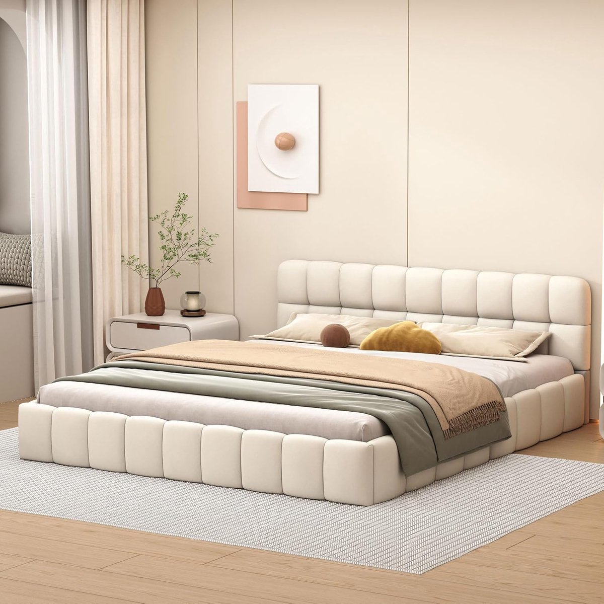 Gestoffeerd Bed - Tweepersoonsbed - Ontspannen Slapen - Ergonomisch Hoofdeinde - 140x200cm - Beige