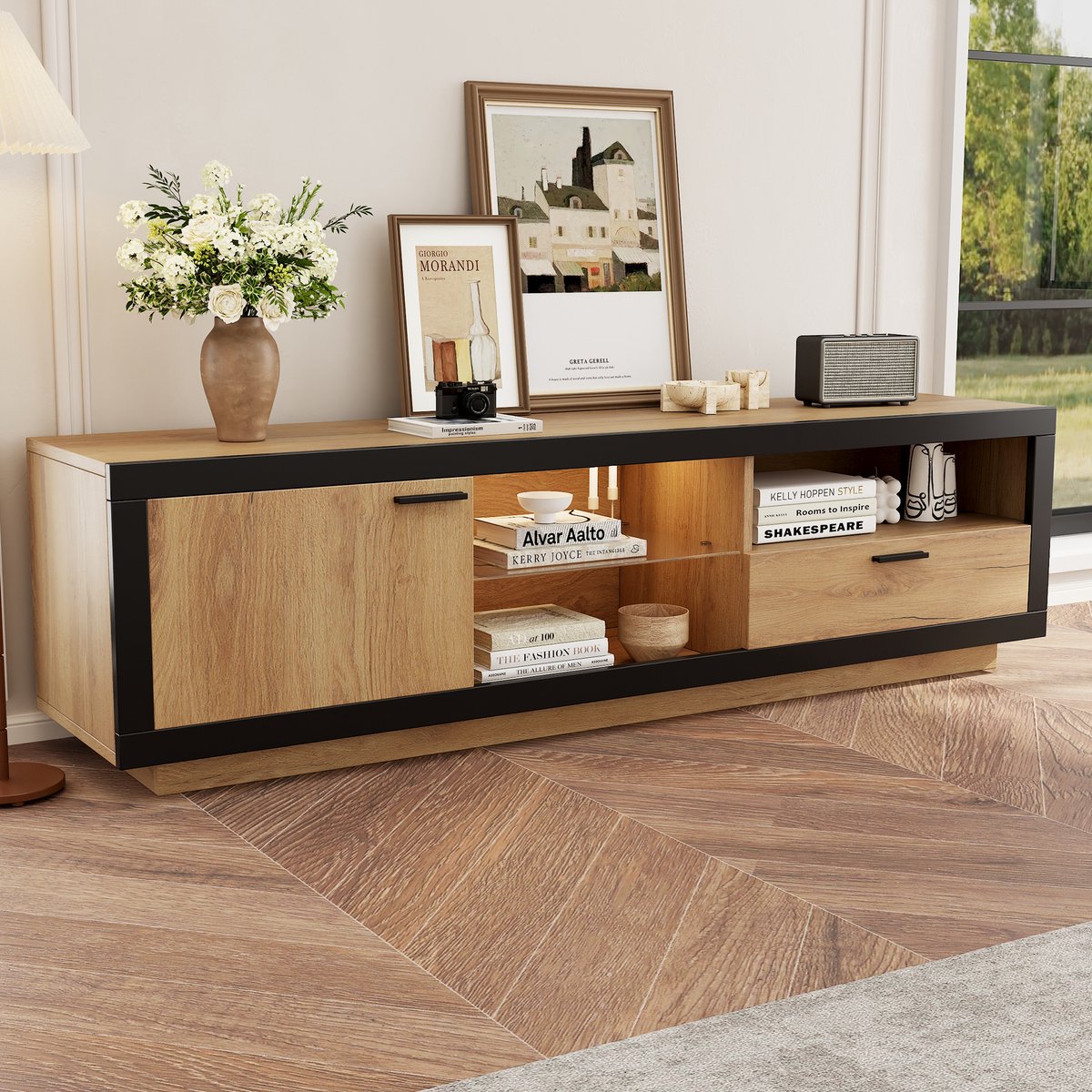 Clruro TV meubel - 160 x 40 x 50 cm - met LED en app-bediening - Zwart + eiken