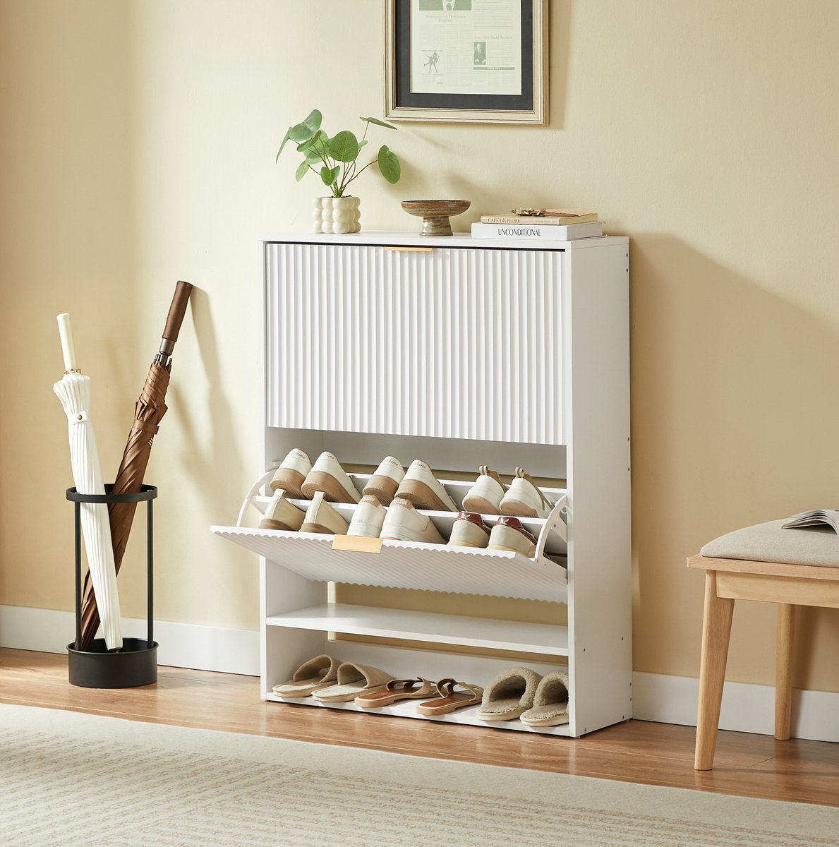 HAUSS SPOLE Schoenenkast - Smal Met Kleppen En Verstelbare Planken - Voor Hal En Gang - MDF En Metaal - 80,1 x 24,1 x 102,3 Cm - Wit