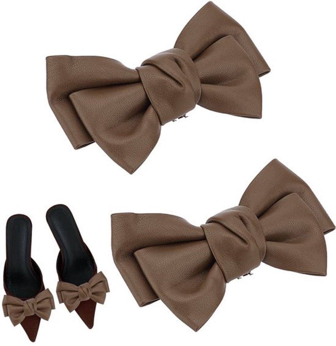 Elegante bruine leren strik schoenclip