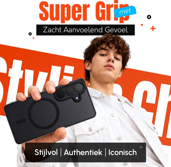 Jonge man houdt zwarte telefoonhoes met magnetische ring vast. Tekst: "Super Grip"