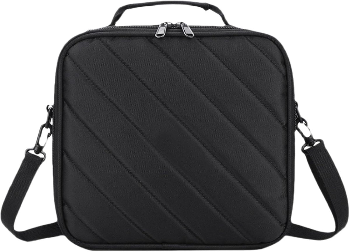 Zwarte gewatteerde opbergtas voor mini-projectoren afmetingen 24x22x9 cm, schuin gestikt oxford stof, met handgreep en afneembare schouderriem voor compacte draagbare projectoren en accessoires