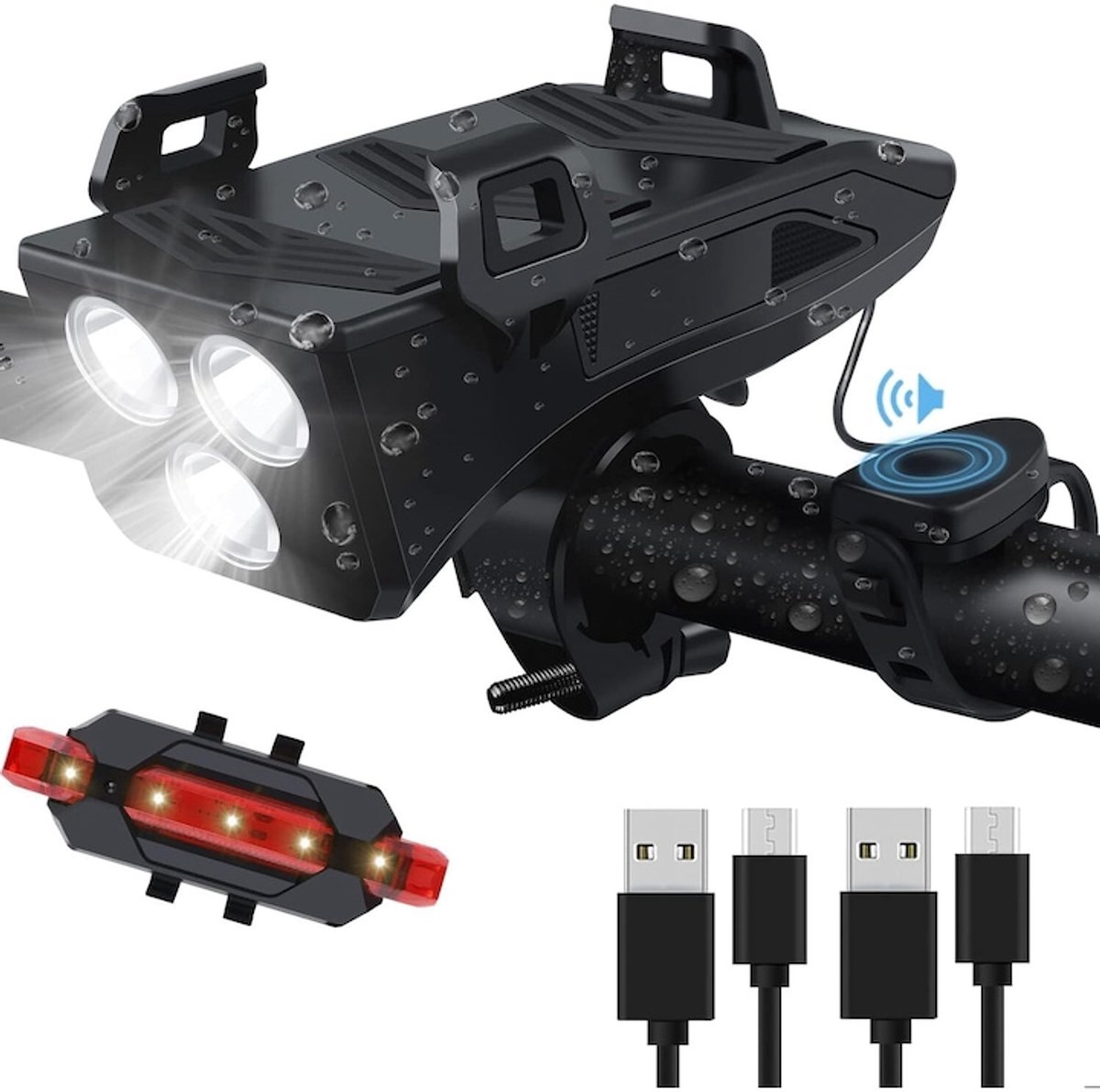 Fietsverlichting - Fietslamp - TENZHVXI® - Met telefoonhouder - 2000 mAh - 130 dB claxon - 3 verlichtingsstanden - Met achterremlicht - Waterdicht - USB-opladen - Zwart
