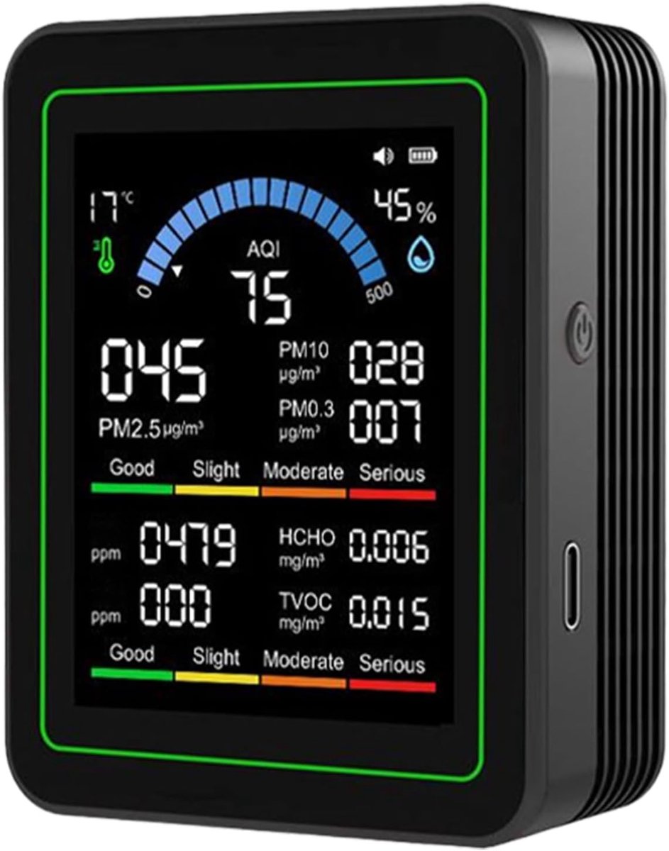 Luchtkwaliteitsmonitor - Luchtsensor Detector - Binnenklimaat Controleren - Real-time Omgevingsdata - Compact Formaat - Zwart