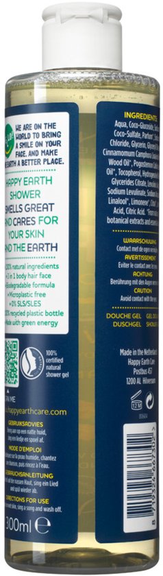 Happy Earth douchegel, 300ml, met natuurlijke ingrediënten, biologisch afbreekbaar en vegan. Gemaakt van gerecycled plastic.