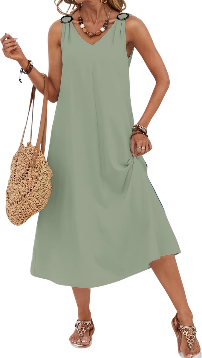 Currero Zomerjurk Dames Zomerjurken Volwassenen Vrouwen Midi Jurk Ibiza Stijl Sundress Dress Lichtgrijsgroen M