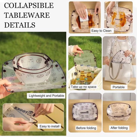 4 stuks - Opvouwbaar servies voor buiten - Campingservies - Draagbaar servies - Opvouwbare borden - Opvouwbaar fruitbord - Herbruikbaar - 20×19×5,5 cm - Geschikt voor kantoor, picknick, kamperen, reizen — afbeelding 3