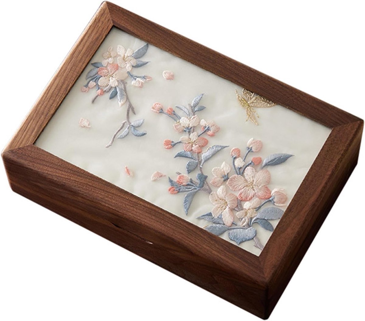 Houten Sieradendoos - Accessoire Opberger - Sieraden Organiseren - Met Borduurwerk - 23.5 cm - Bruin