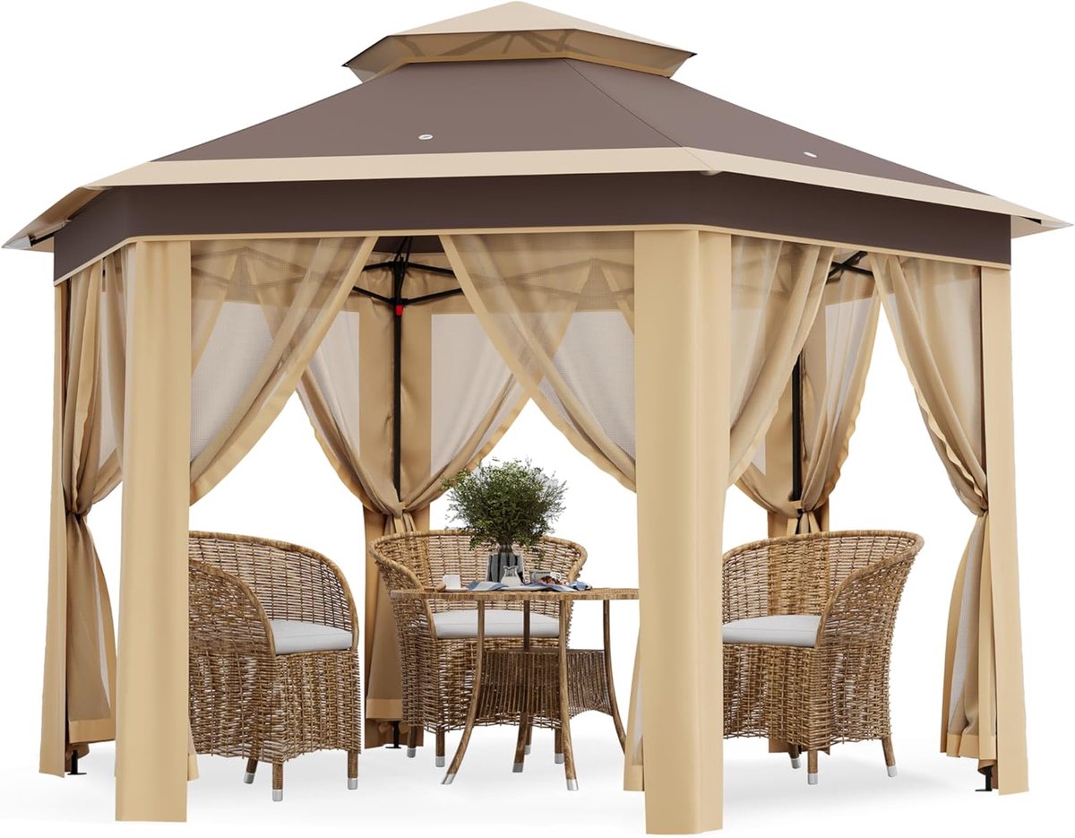 Partytent Hexagonale met Muggennet - 400x400x280cm - Pop-up Paviljoen met Zandzakken - Snel Opzetten - Buiten Overkapping voor Tuin Terras - Kaki