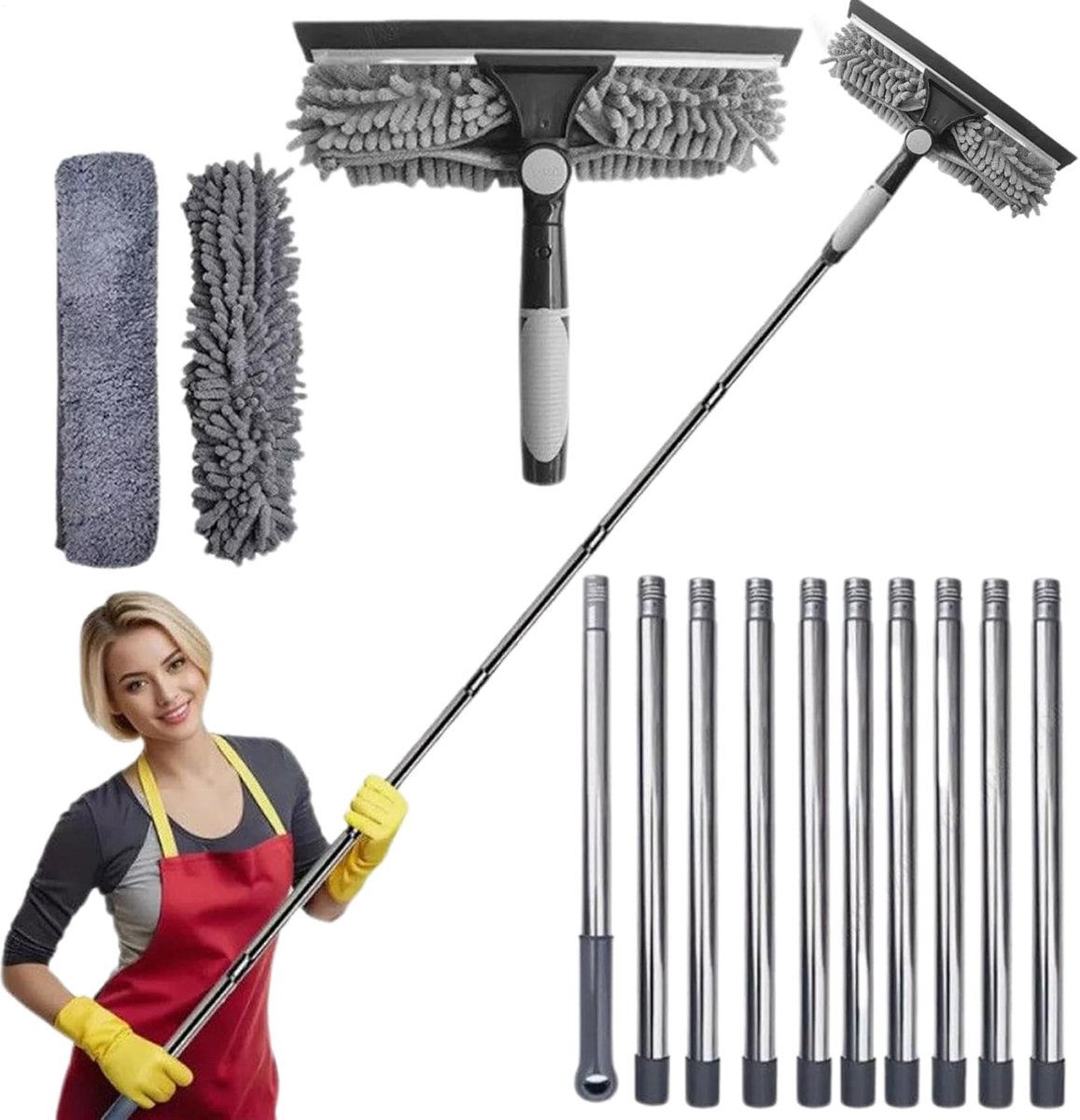 Raamwisser - Glazenwasser tool - Ramen schoonmaken - Verstelbare steel - 2 meter bereik - Zwart