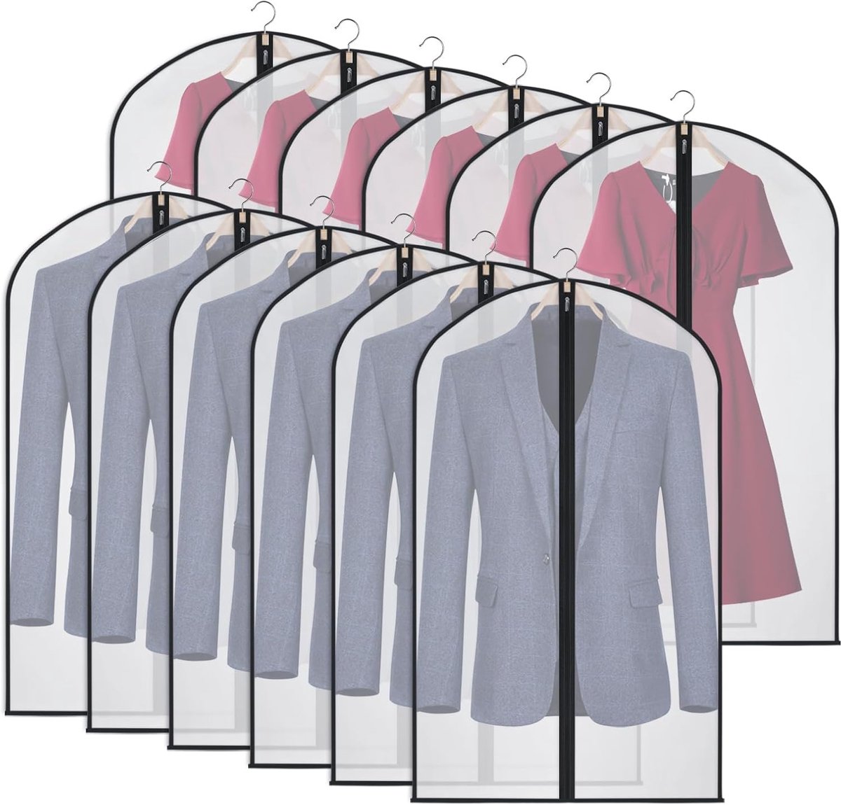 Kledinghoezen Set - Kledingbeschermers Garderobe - Kleding Opbergen - Doorlopende Ritssluiting - 12 Stuks - Transparant Zwart