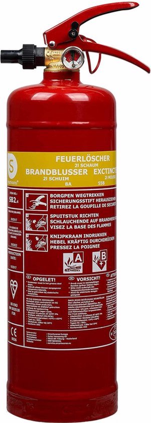 Rode schuimbrandblusser met gele band en diverse waarschuwingssymbolen. Inclusief manometer.