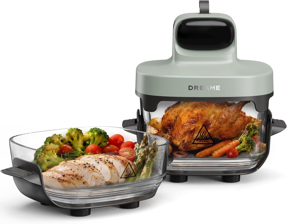 Draagbare Glazen Airfryer - Luchtfriteuse Lunchbox - Gezond Koken - Dubbele Bakconfiguratie - 4.5 Liter - Groen