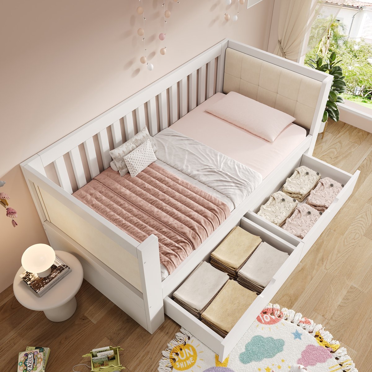MEUNIQ bedbank 90x190 cm met uitschuifbed, daybed met lattenbodems en rugleuning, houten bedframe voor slaapkamer of logeerkamer, wit