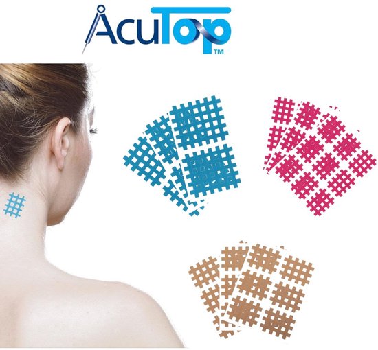 AcuTop logo, vrouw met blauwe pleister op nek en vellen met blauwe, roze en beige pleisters.