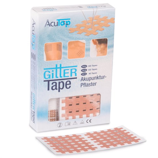 Verpakking AcuTop Gittertape met afbeeldingen van tape op huid. Bevat beige, blauwe en roze tape.