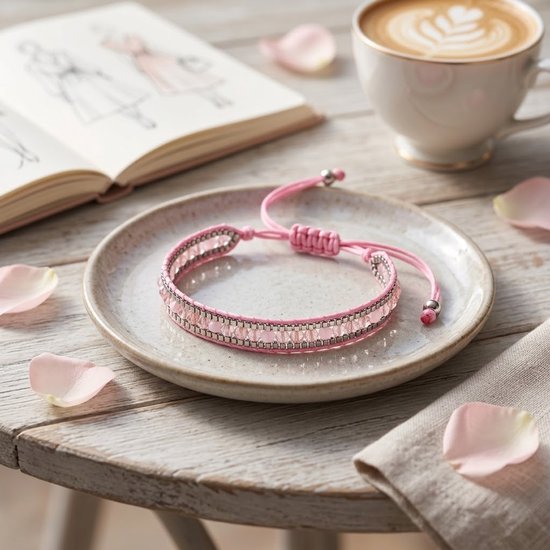 Roze geweven armband met facet geslepen glaskralen en kleine roze kralen, aan een verstelbaar roze koord. Op een bord.
